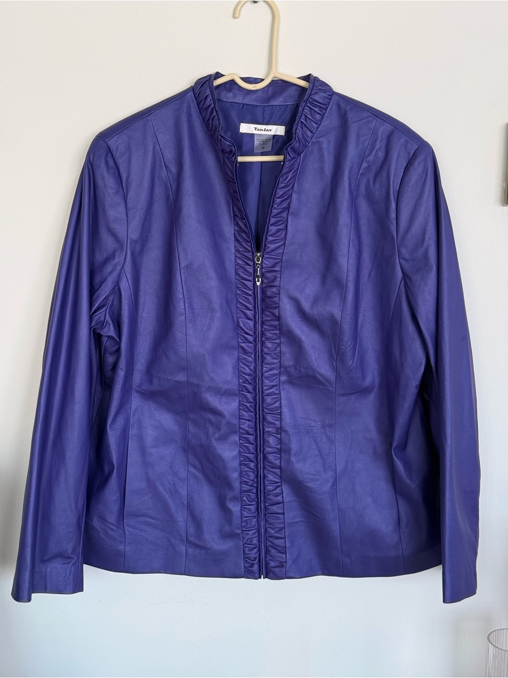 TanJay Women's Plus Size 18 Purple Jacket Ruffled Collar Zip Up Vegan Leather